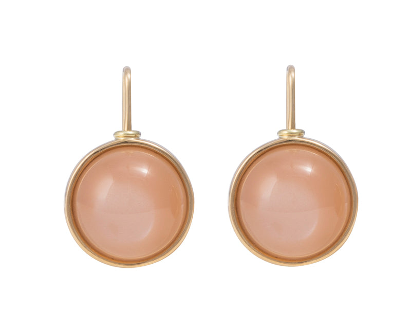Medium round caramel moonstone cabochons in rose gold frame and shepherd's hooks.