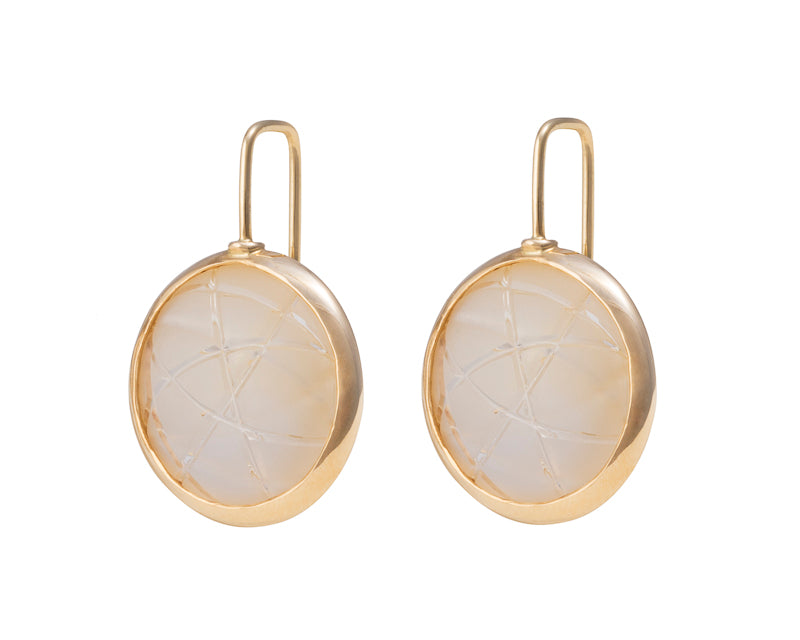 Yellow gold earrings on shepherd hooks set with large round carved citrines.