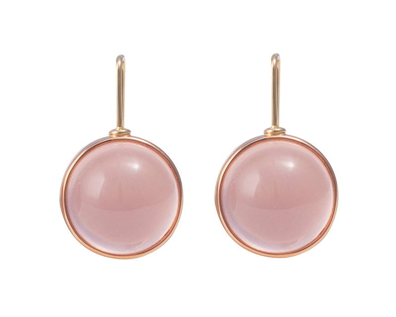 Medium round light pink rose quartz in rose gold frame and shepherd's hooks.