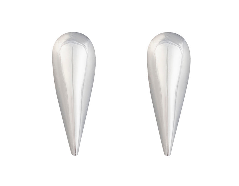 Pair of platinum studs in an upside down, slightly domed teardrop shape.