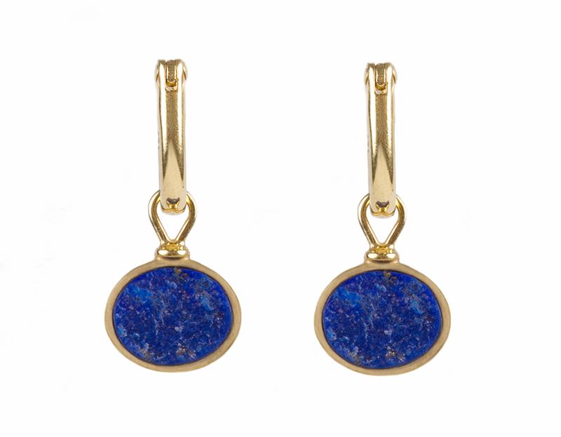 Small oval drops in yellow gold with rough textured blue gem. Drops hang from small U shaped hoops in rose gold.