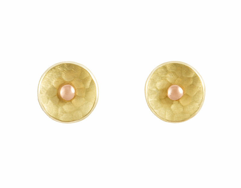Pair of green gold round dished studs, hammer finish, green gold, with pink gold ball studs.