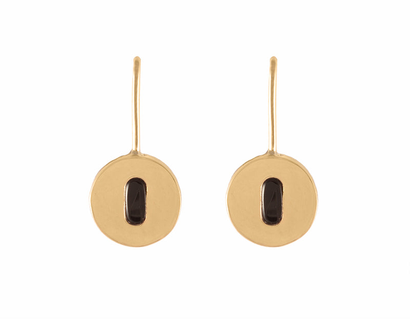 18k yellow gold drop earrings like a keyhole, set with onyx