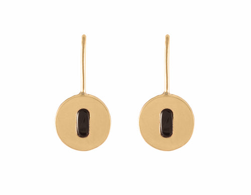 18k yellow gold drop earrings like a keyhole, set with onyx