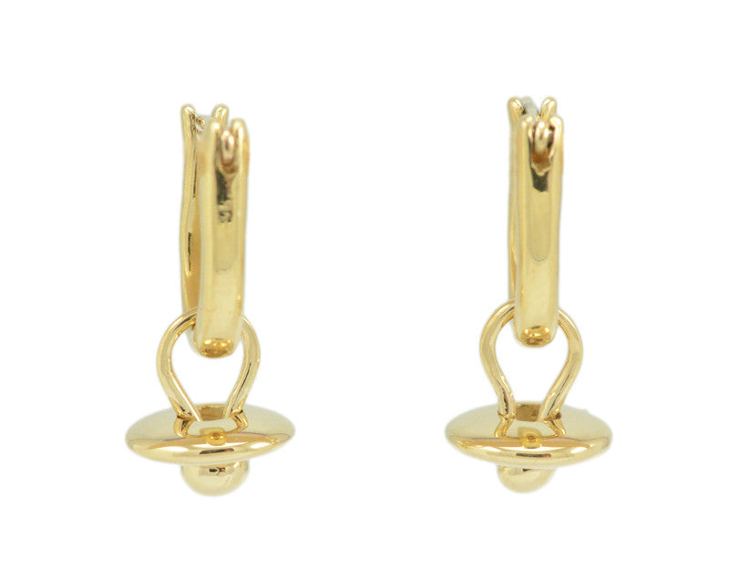 Small gold drops with disk and ball. Drops hang from small U shaped hoops in yellow gold.