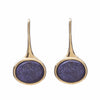 Oval drop earrings in yellow gold on shepherd's hooks set with oval rough blue cabochon gems.