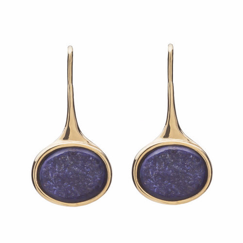 Oval drop earrings in yellow gold on shepherd's hooks set with oval rough blue cabochon gems.