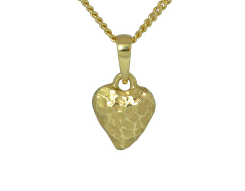 Small textured and hammered heart pendant yellow gold on chain.