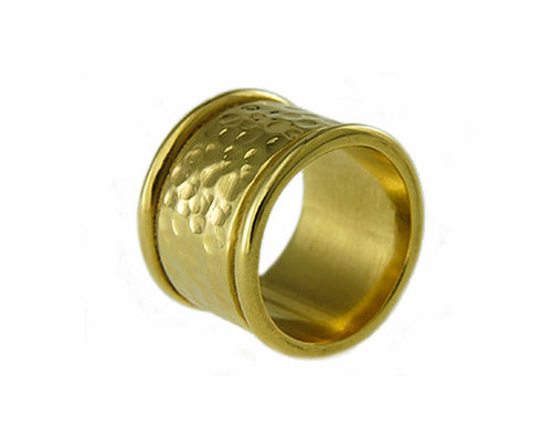 Very wide gold band, round rims, hammered texture in centre.