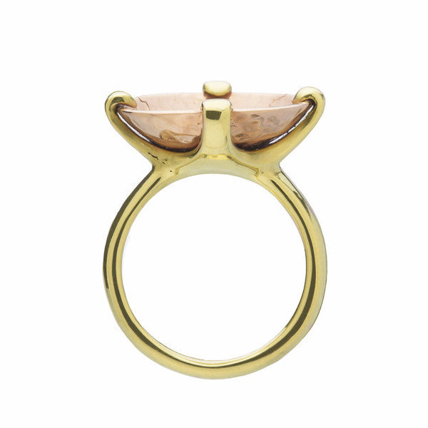 Green gold ring prong set with very large rose gold bowl, hammered texture in bowl.