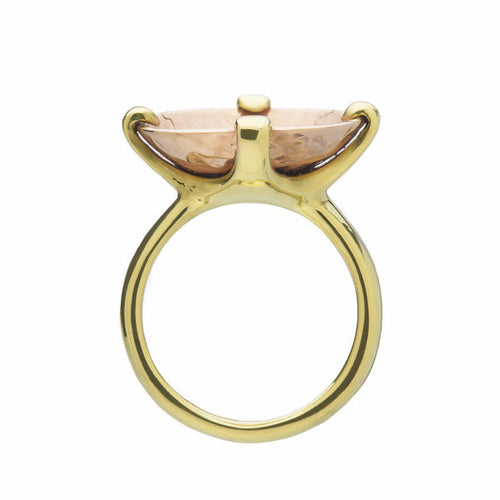 Green gold ring prong set with very large rose gold bowl, hammered texture in bowl.