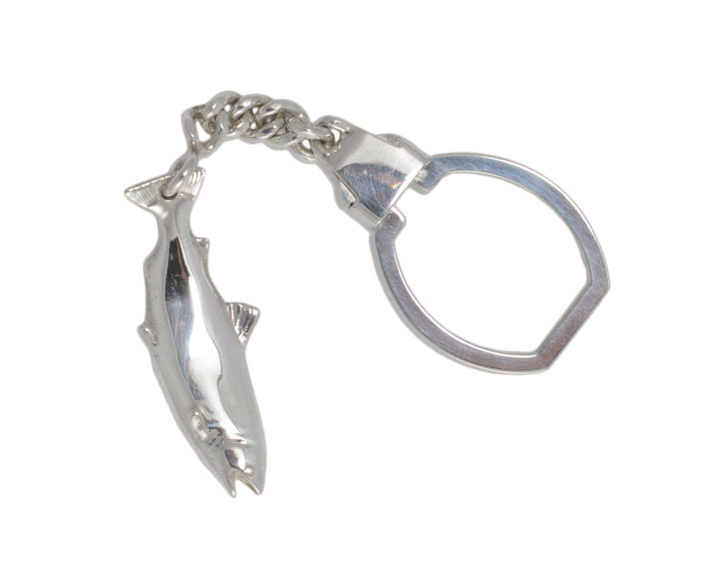 Sterling silver sculpted salmon key ring.