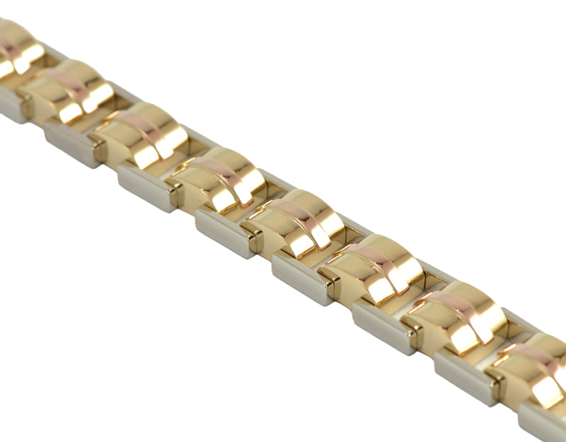 Solid rose, white, yellow 18k gold link bracelet.