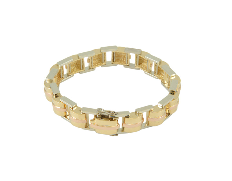 Solid rose, white, yellow 18k gold link bracelet.
