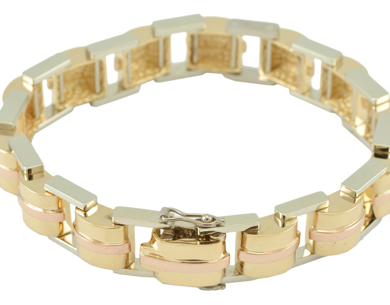 Solid rose, white, yellow 18k gold link bracelet.