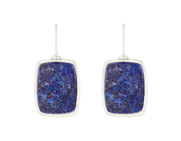 Very long silver drop earrings, rectangle set with rough blue lapis lazuli.