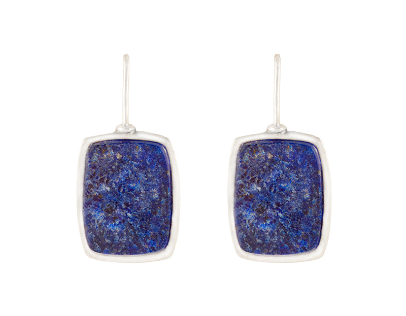 Very long silver drop earrings, rectangle set with rough blue lapis lazuli.