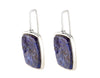 Very long silver drop earrings, rectangle set with rough blue lapis lazuli.