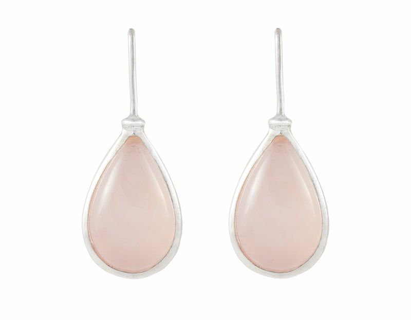 Very long silver drop earrings, tear drop shape set with rose quartz.