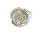 Large silver ring in shape of carved rose. Frosted.