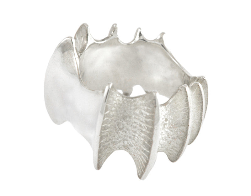 Very large silver ring in shape of vertebrae.