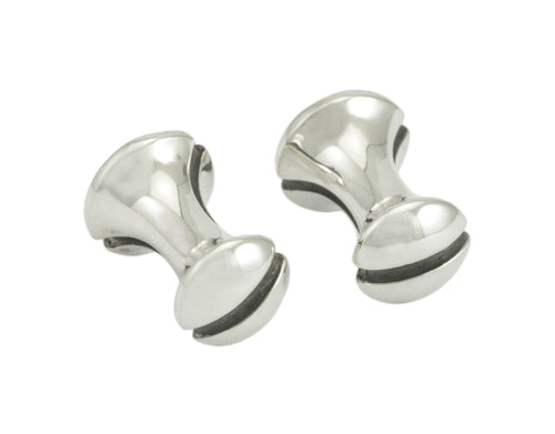 Barbell shaped cufflinks, silver. Blackened line through centre.