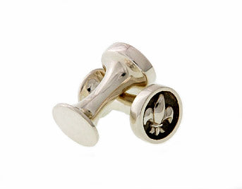 Barbell shaped cufflinks, silver. Fleur de lys motif.