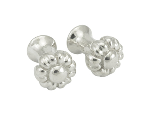 Barbell shaped cufflinks, silver, flower motif.