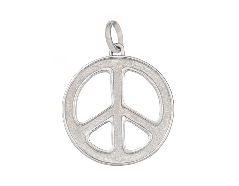 Very large silver pendant in shape of peace sign.  Hung on silver chain.