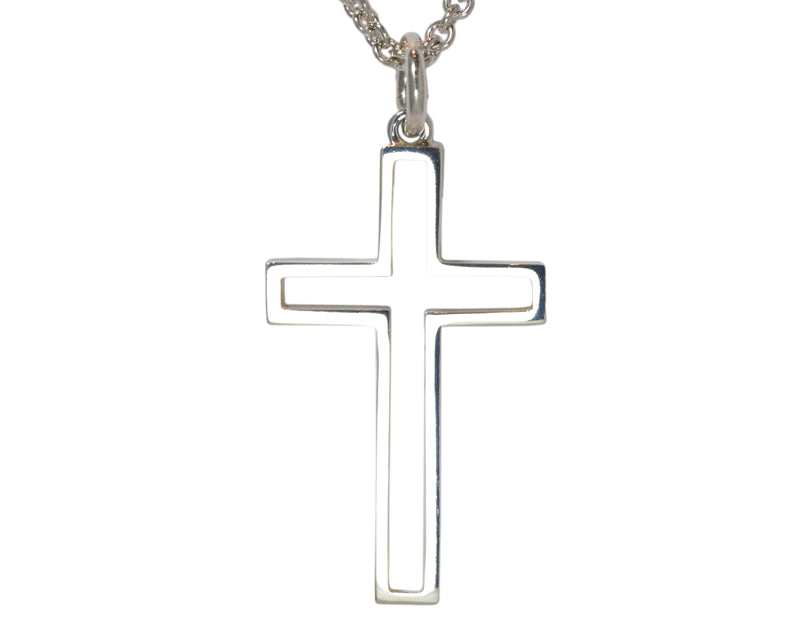 Very large silver cross pendant.  Hung on silver chain.