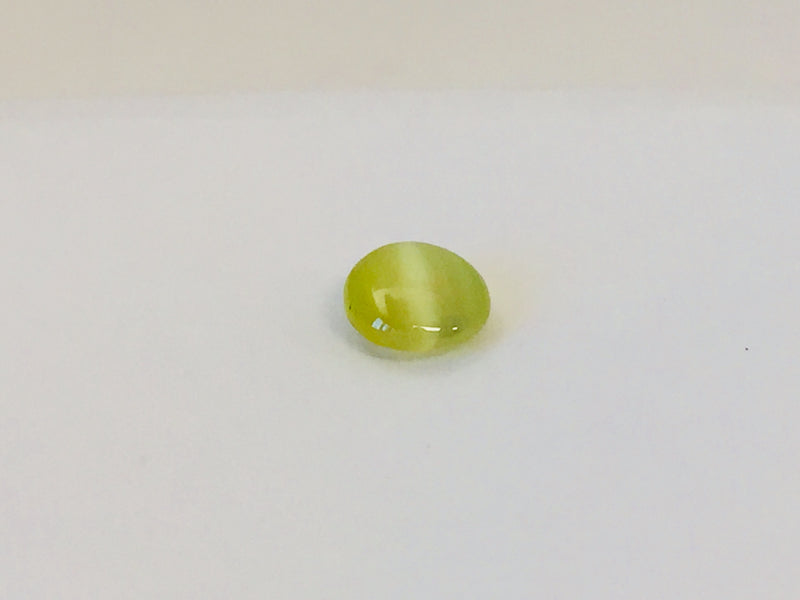 Small round green-yellow Cat's Eye Chrysoberyl gem with white stripe across centre, white background.