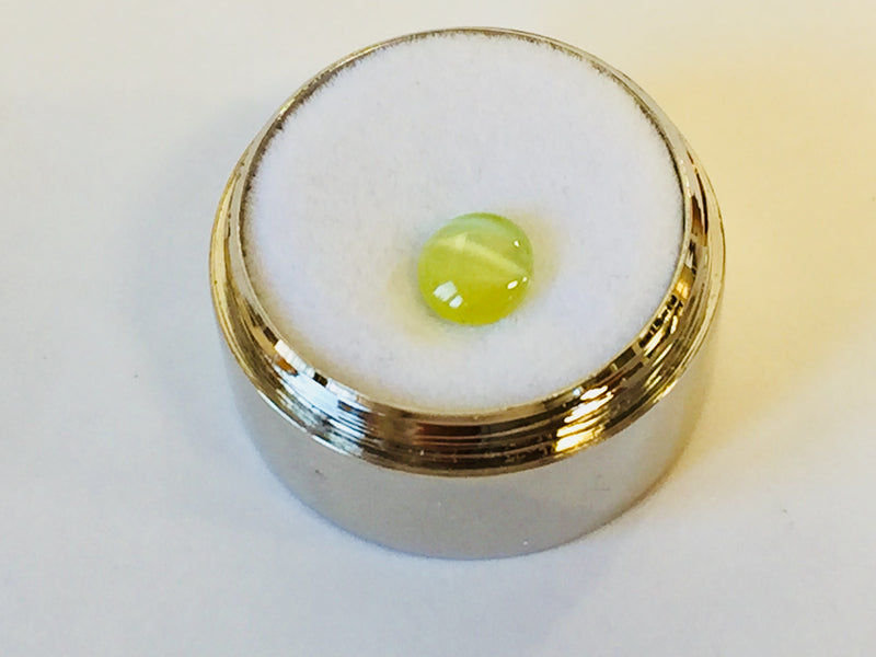 Small round green-yellow Cat's Eye Chrysoberyl gem with white stripe across centre, white background, in gem jar.