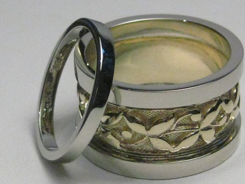 Remake of Pierce Brosnan's wedding band, white gold, matching women's band.