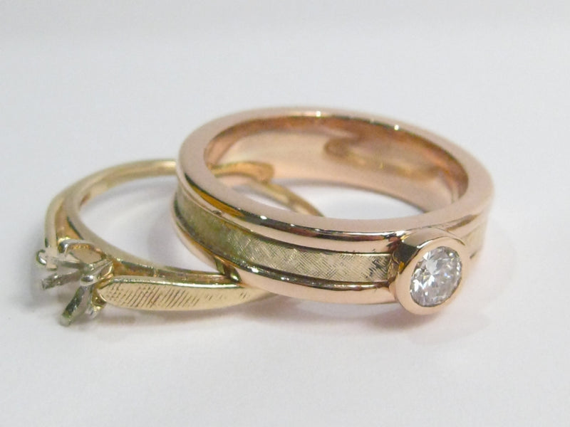 Green and rose gold band with texture and diamond.