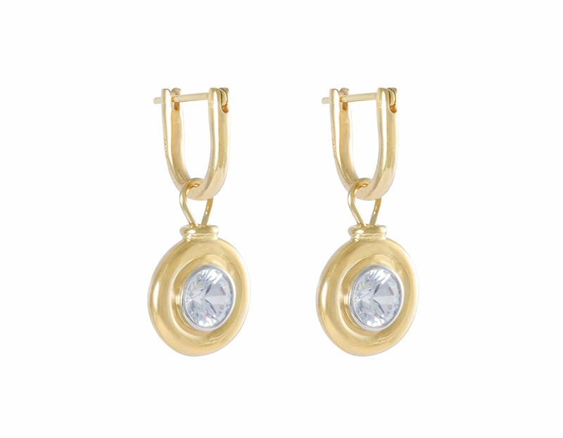 Yellow gold hoop earrings with yellow  gold and platinum drops set with large colourless gems.