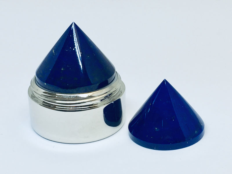 Lapis lazuli pair of cone-shaped gems, white background.