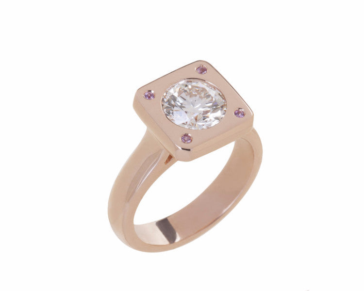 Rose gold ring large diamond, pink sapphires.