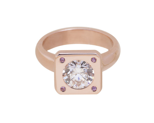Rose gold ring large diamond, pink sapphires.