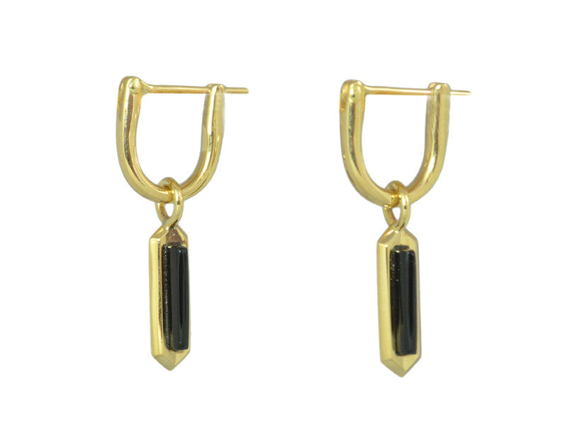 Small wafers of black onyx drops with gold frame though centre. Drops hang from small U shaped hoops in yellow gold.