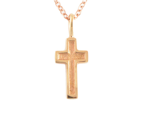 Small cross hollow in centre matte finished, high polished rim, on chain, rose gold.