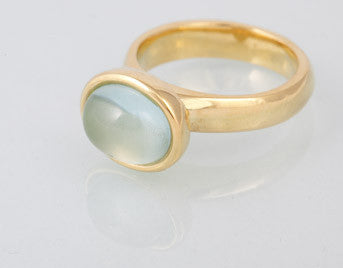 Green gold ring set with medium sized oval cabochon of aquamarine. Gem lies across finger.