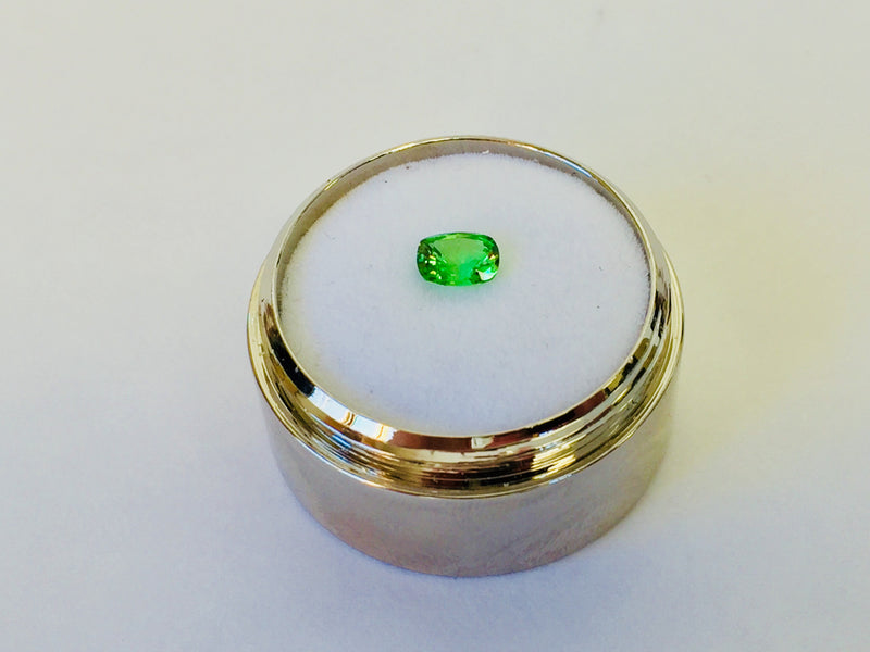 Small cushion shaped bright green tsavorite garnet gem, white background in gem jar.