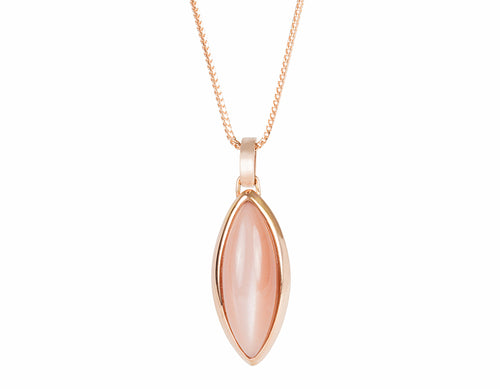 Rose gold pendant with large long gem pointed at both ends, with rose gold chain.