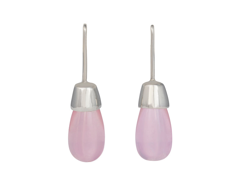 Pink pear shaped gem earrings with white gold caps and shepherd hooks.