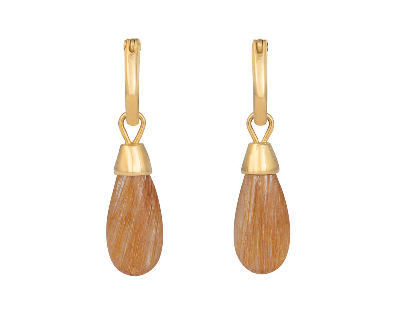 Pendulous drops of clear gem with thin golden threads inside, capped with yellow gold.  Drops hang on small U shaped hoops in solid yellow gold.