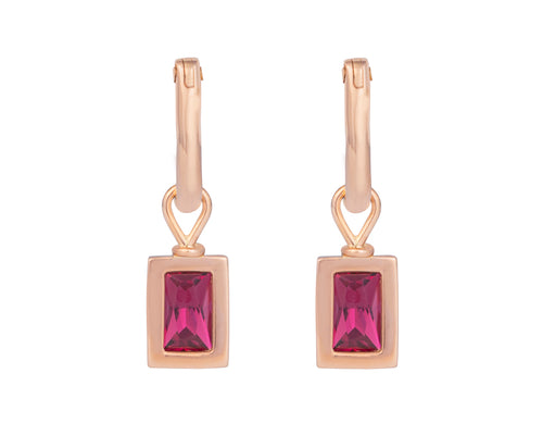 Small rectangle frame drops in rose gold set with raspberry pink gems. Drops hang on small U shaped hoops in solid rose gold.