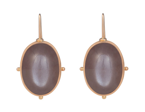 Large oval plum-brown moonstone cabochons in rose gold frame and shepherd's hooks.