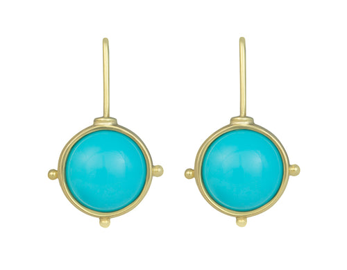 Round blue turquoise gems in green gold frame and shepherd's hooks.