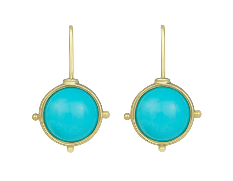 Round blue turquoise gems in green gold frame and shepherd's hooks.