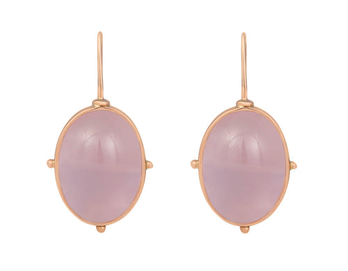 Large oval pink rose quartz cabochon earrings in rose gold.